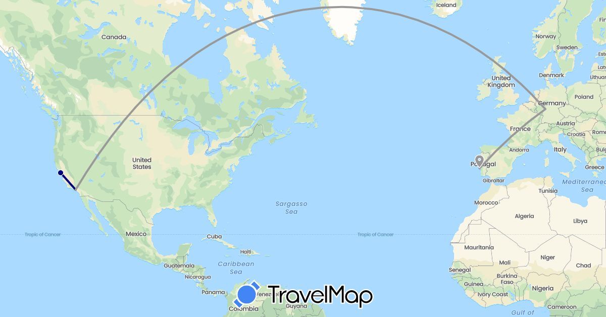 TravelMap itinerary: driving, plane in Germany, Portugal, United States (Europe, North America)